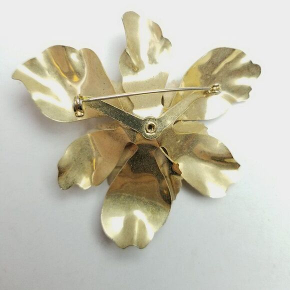 Vintage Big Earth Tone Enamel Flower Brooch, Fall Colors, Tan Brown Cream - Picture 3 of 6